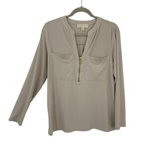 Michael Kors Long Sleeve Beige Slinky Knit Casual Tunic Top Zipper Size Large